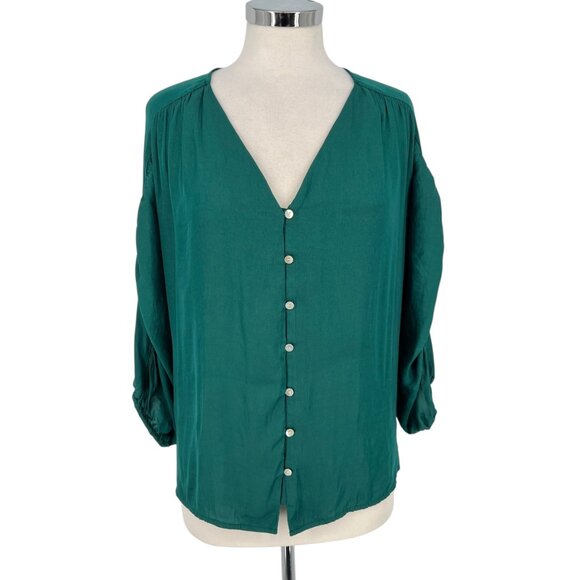 Dolan Anthropologie Button-Down Puff Sleeve Blouse Green Size Small - Picture 1 of 12
